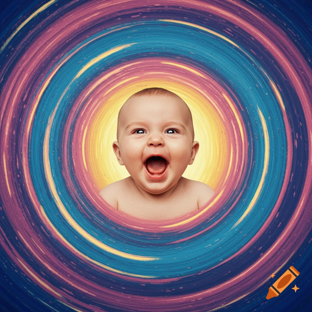 A happy baby with wide eyes and open mouth, framed by a colorful swirling vortex of blue, pink, and yellow.