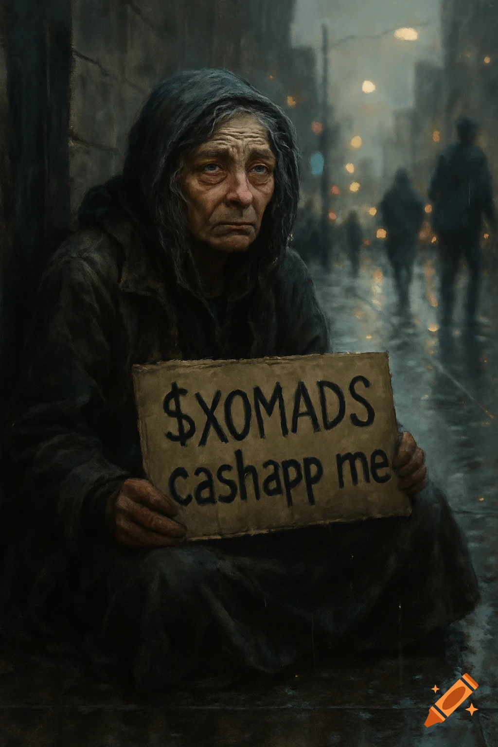 A somber, elderly homeless woman sits on a wet city street, holding a cardboard sign that reads '$XOMADS cashapp me' in a dark, painterly style.