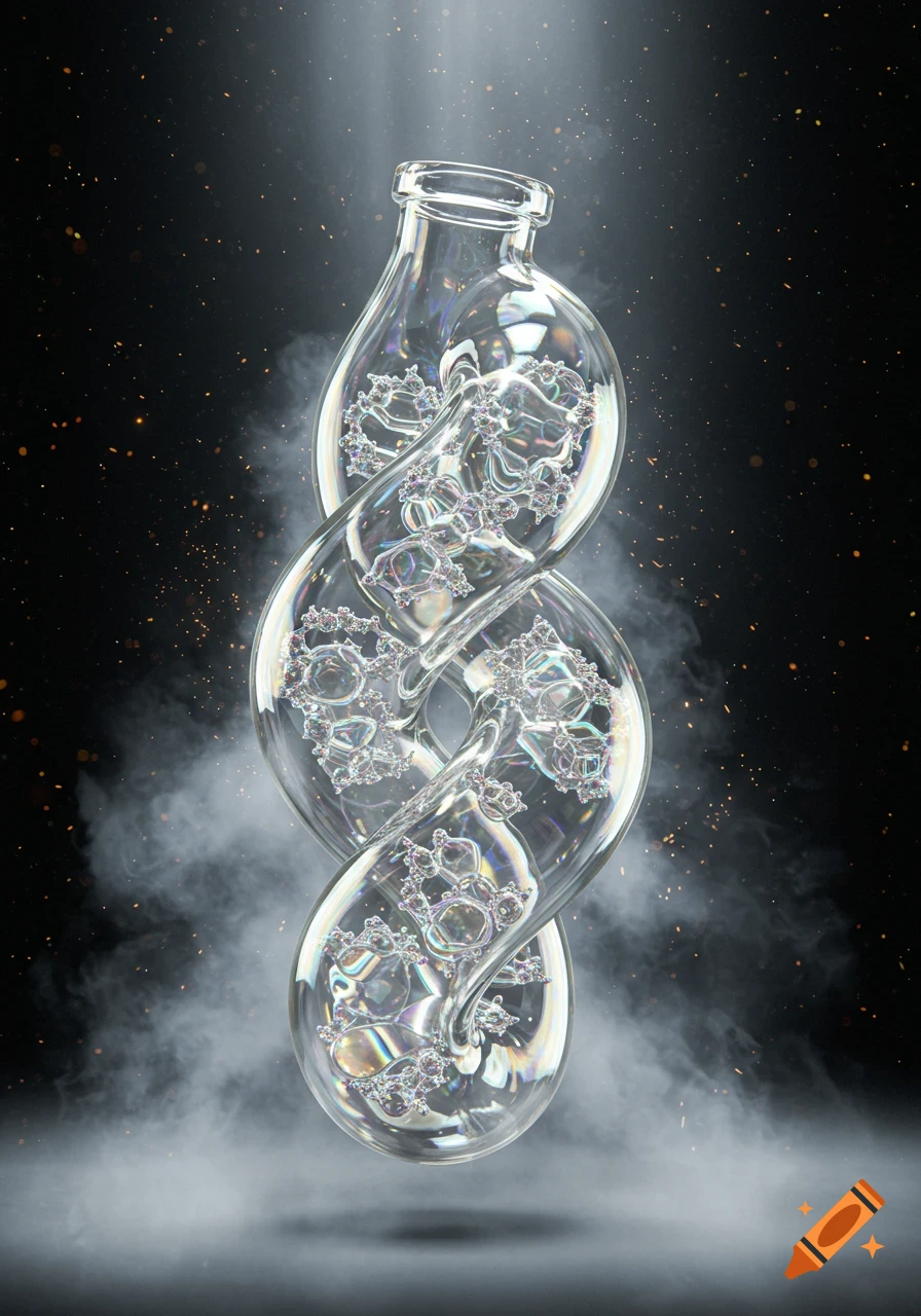 A translucent, twisted glass bottle with intricate fractal bubbles inside, illuminated by light rays on a dark, smoky background.