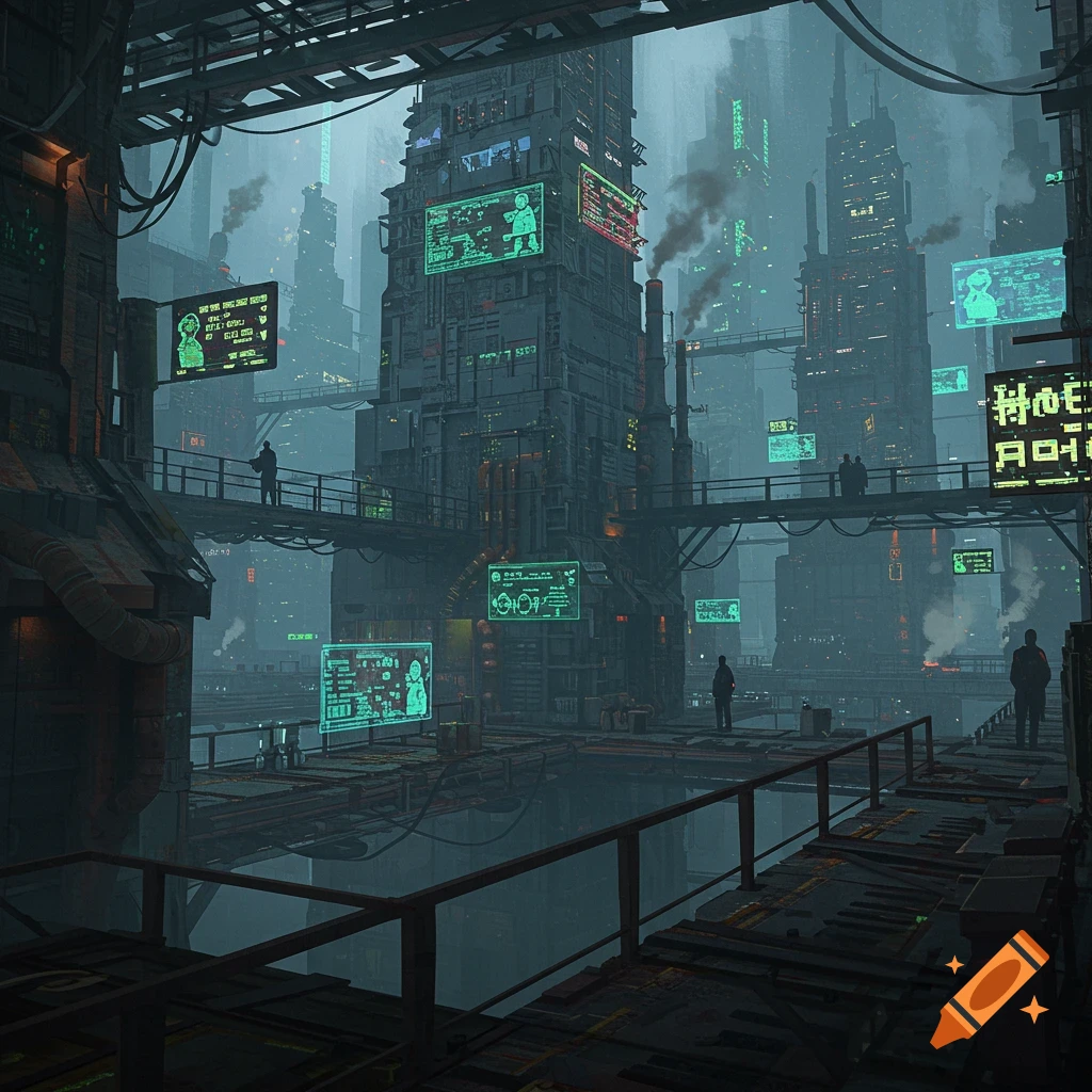 Dark, atmospheric dystopian sci-fi city with towering industrial buildings, elevated walkways, and glowing green holographic screens.