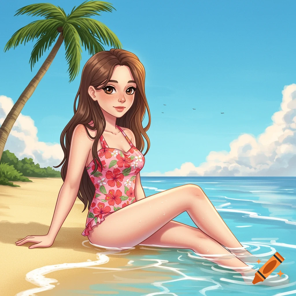 A cartoon girl with long brown hair and a pink floral swimsuit sits on a sandy beach with her feet in the blue ocean.