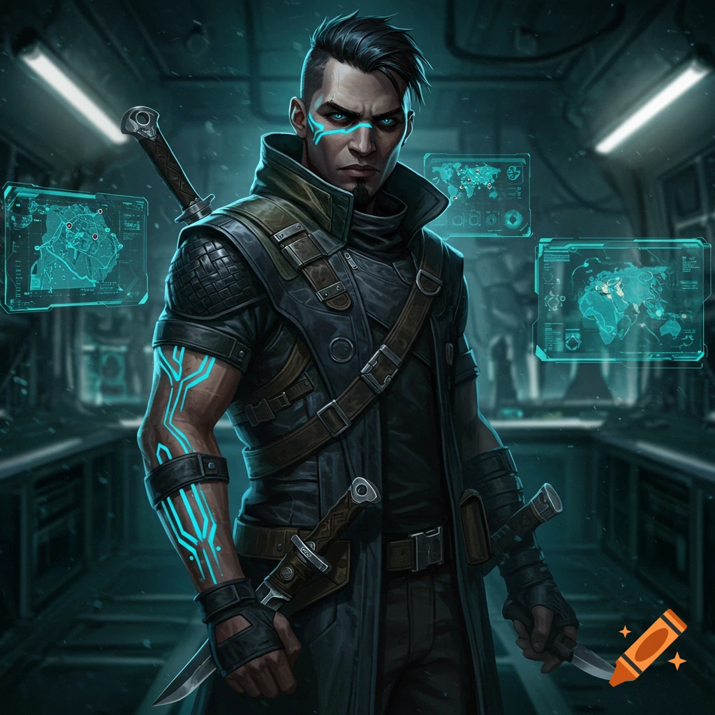Illustrated cyberpunk character with blue glowing markings, dark hair, tactical gear, and knives, standing in a sci-fi room.