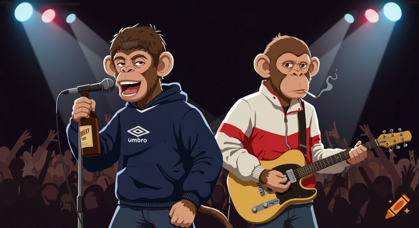 Two cartoon monkeys performing on a stage. One sings into a mic while holding a bottle; the other plays guitar and smokes a cigarette.