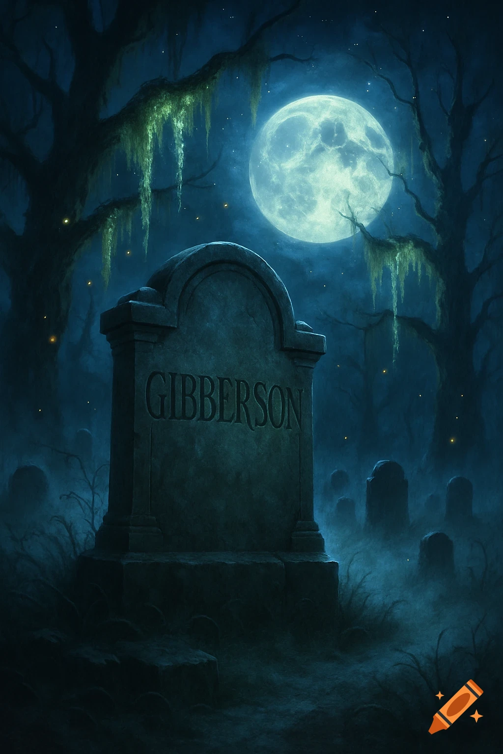 A dark fantasy cemetery scene with a large gravestone under a bright full moon, surrounded by misty ground and moss-draped trees.