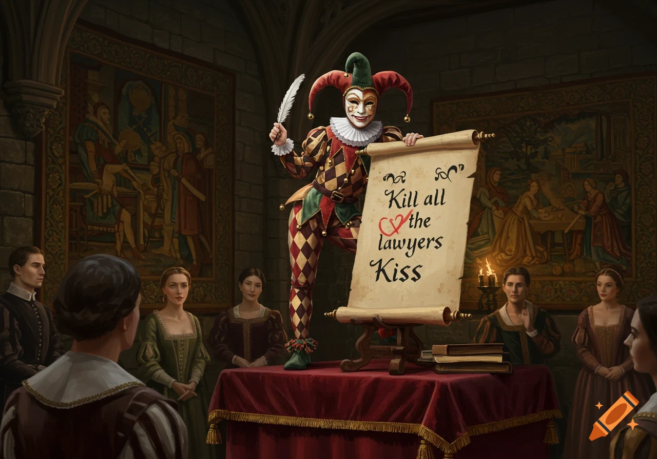 A jester in a medieval hall holds a scroll reading 'Kiss all the lawyers', with 'Kill' crossed out, as an audience watches.