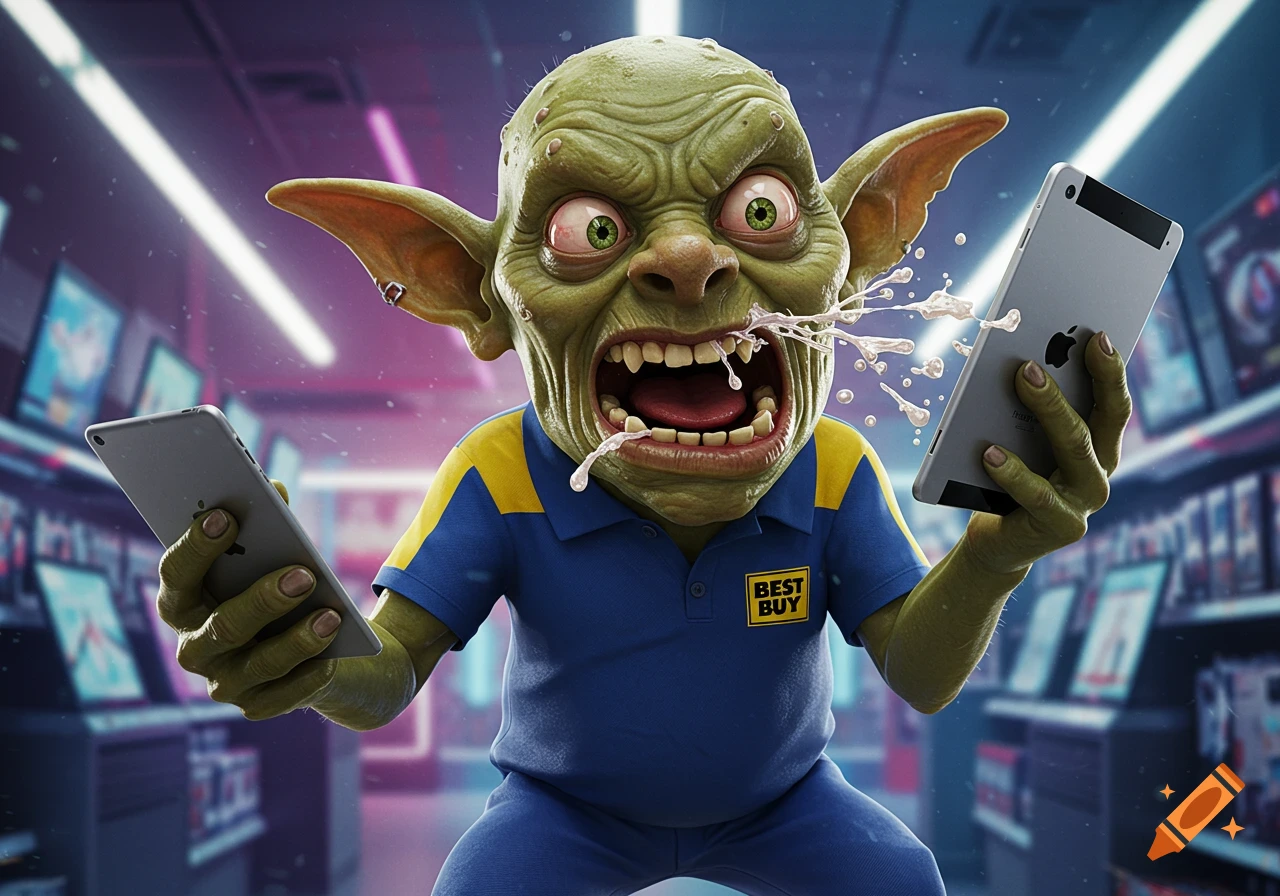 A grotesque green goblin in a blue and yellow Best Buy uniform, foaming at the mouth, holds two iPads in an electronics store. Photorealistic style.