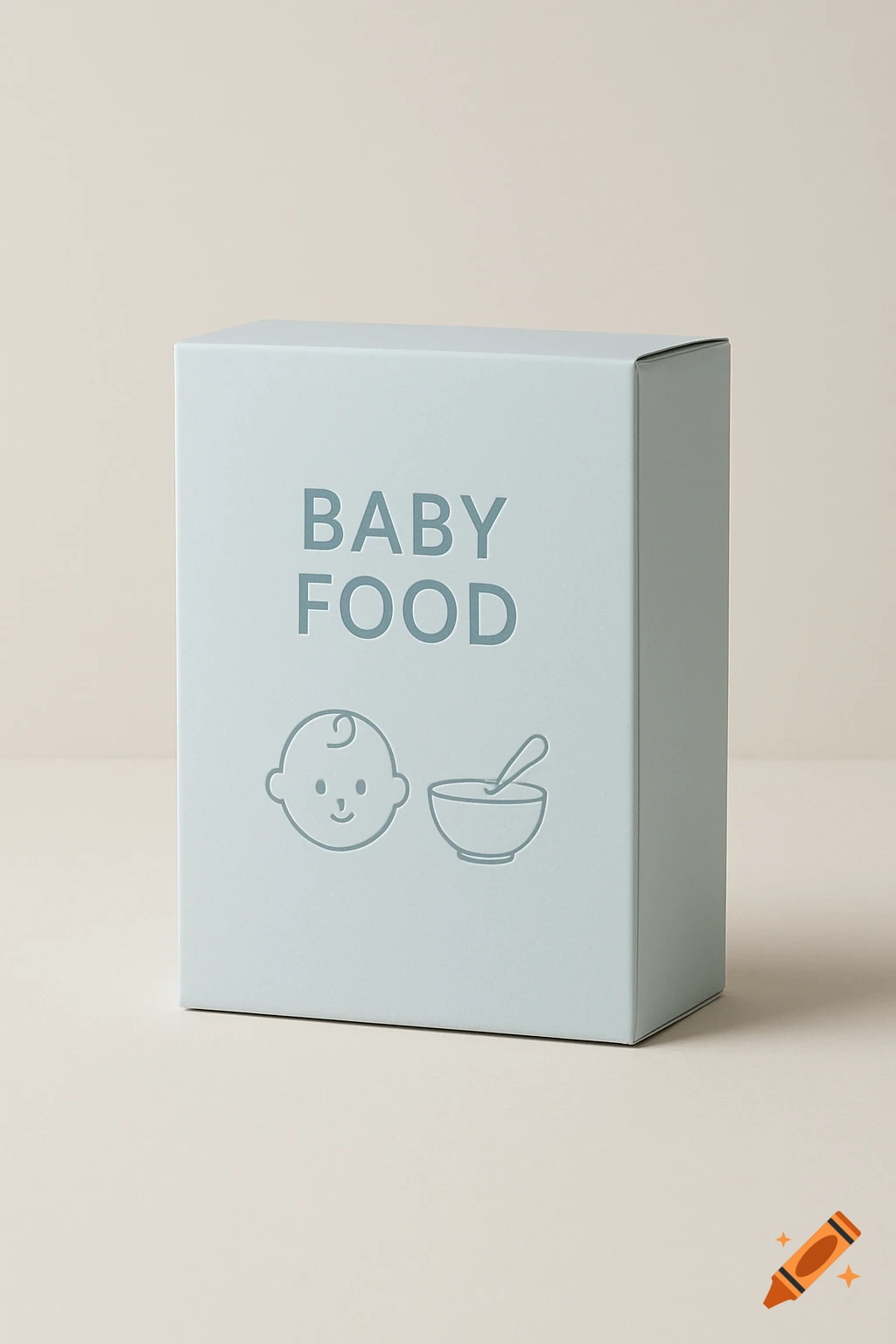 A light blue baby food box with 'BABY FOOD' text and minimalist icons of a baby's head and a bowl with a spoon.