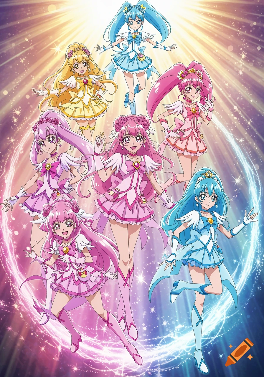 Seven anime magical girls in colorful costumes pose against a sparkling, light-filled background.