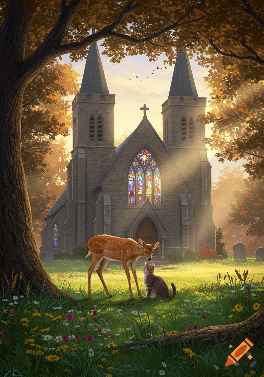 A fawn and a cat stand in a grassy field with wildflowers in front of a stone church with stained glass windows at sunset, surrounded by autumn trees.