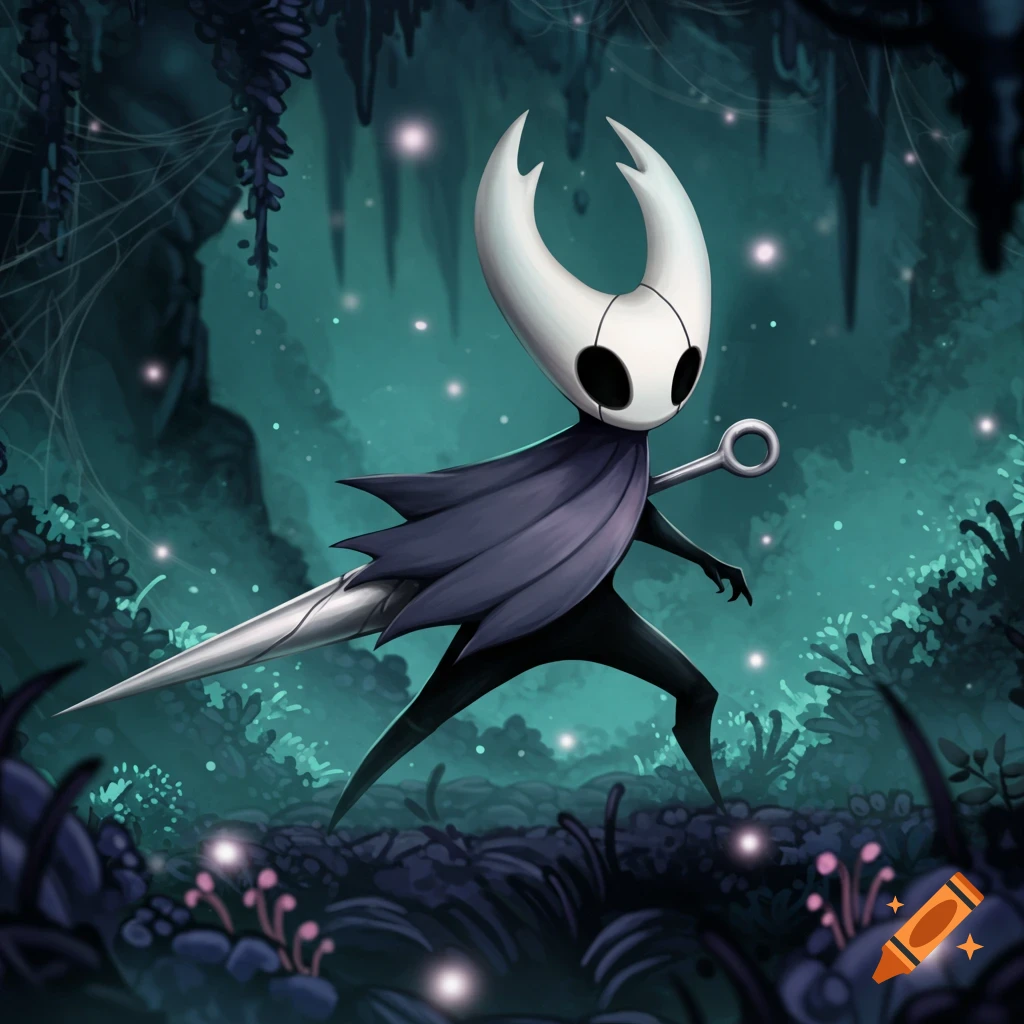 The Hollow Knight character, a white-masked bug-like figure with a dark cloak and nail sword, walks through a glowing, dark forest environment.