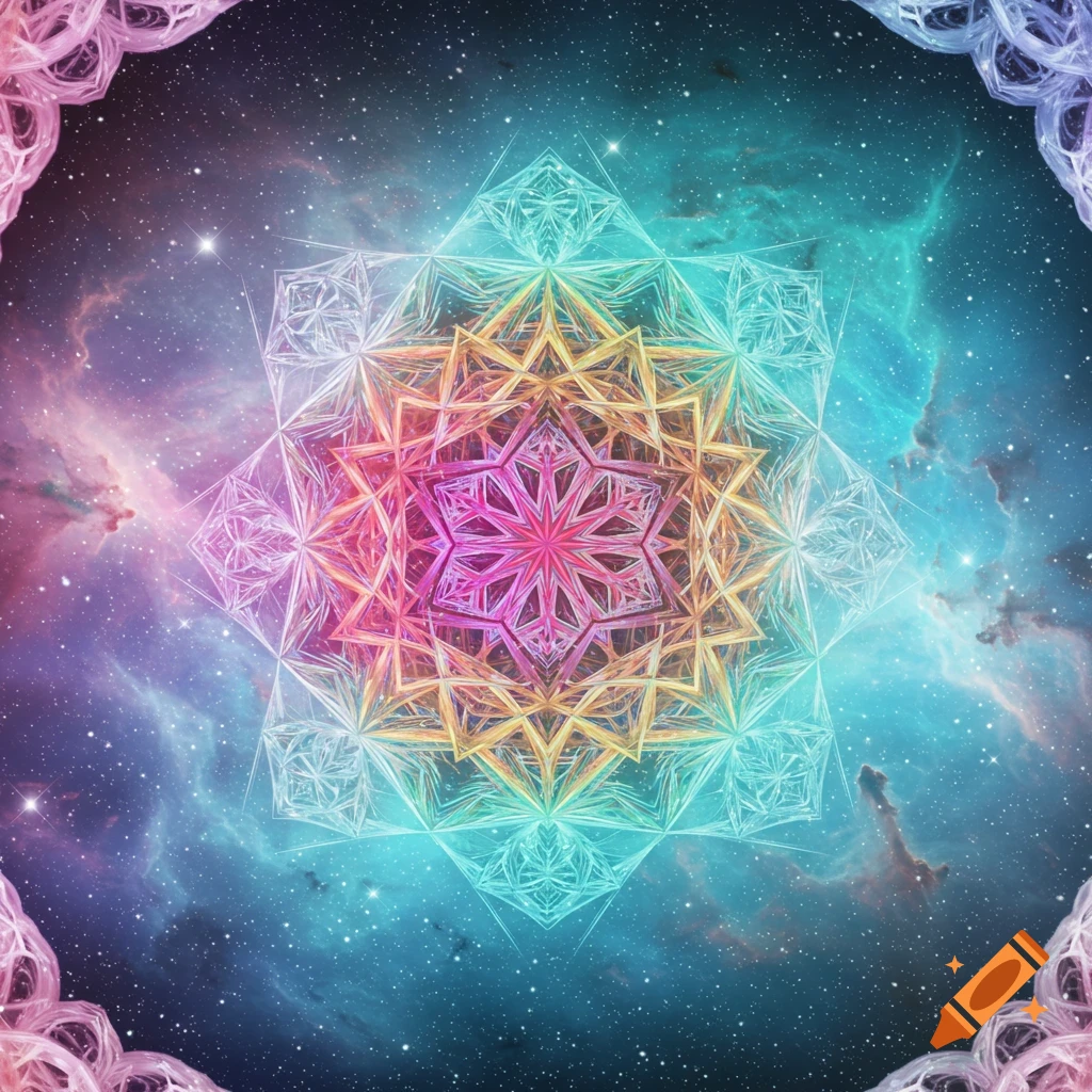 A colorful, intricate geometric mandala set against a vibrant starry night sky with nebulae.