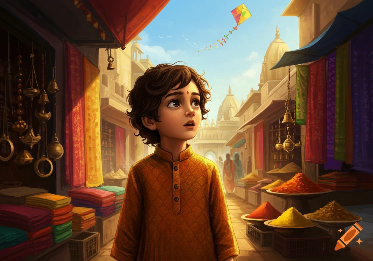 A cartoon Indian boy in a vibrant market looking up at a colorful kite flying in the sky.