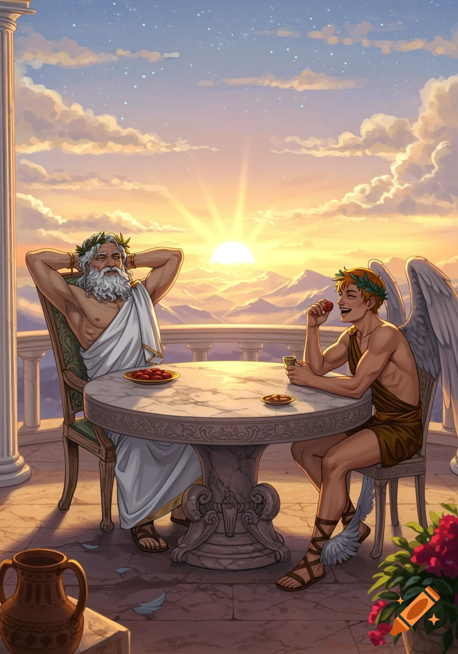 Zeus and a winged youth relax at a table on a balcony overlooking mountains at sunset, in an illustrated style.
