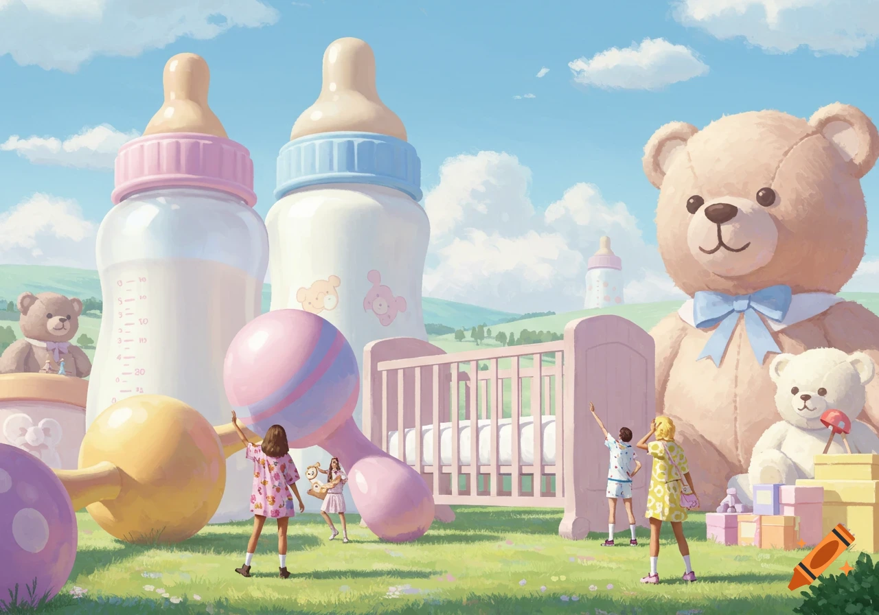 Children play in a whimsical landscape with giant baby bottles, rattles, a crib, and teddy bears under a blue sky.