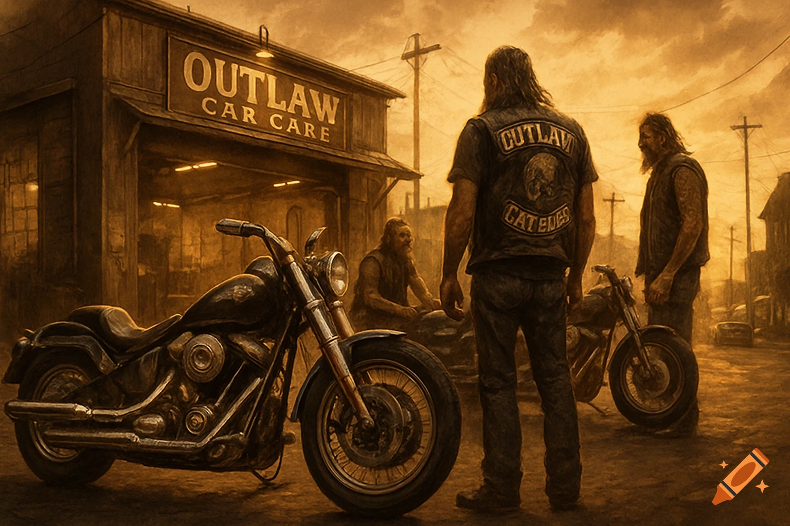 Sepia-toned illustration of bikers and motorcycles outside an 'Outlaw Car Care' garage at sunset.
