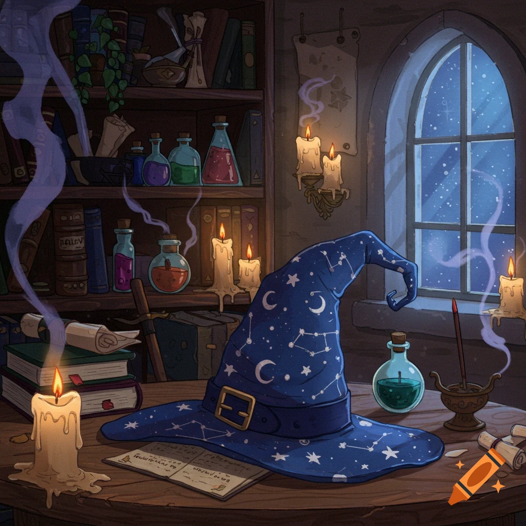 A blue wizard hat with moons and stars sits on a wooden desk with an open book, potions, and lit candles in a dark study. A gothic window shows a starry night.