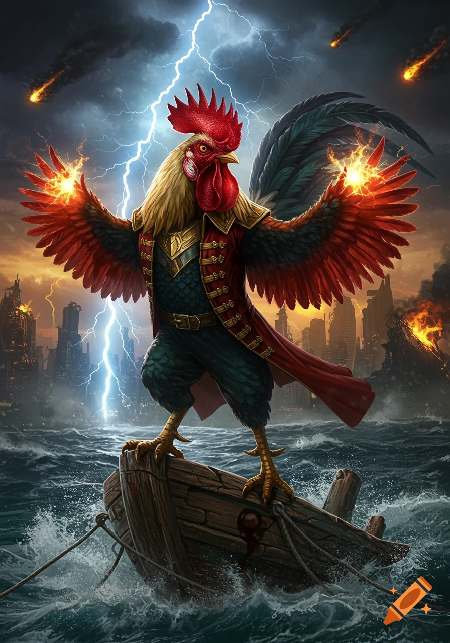 An epic rooster captain in a red coat stands on a boat in a stormy sea, with lightning, meteors, and a ruined city in the background. His hands glow with energy.