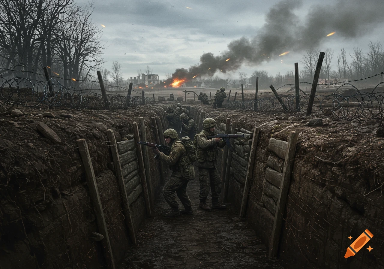 Photorealistic image of soldiers in a muddy trench during a battle, with explosions and burning buildings in the background under a cloudy sky.