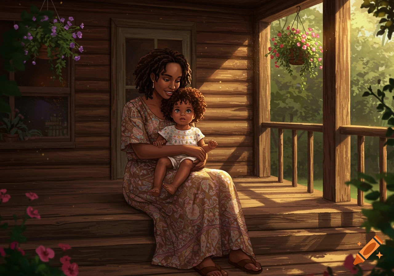 An African American mother with dreadlocks sits on a wooden porch, holding her child on her lap, bathed in warm sunlight.