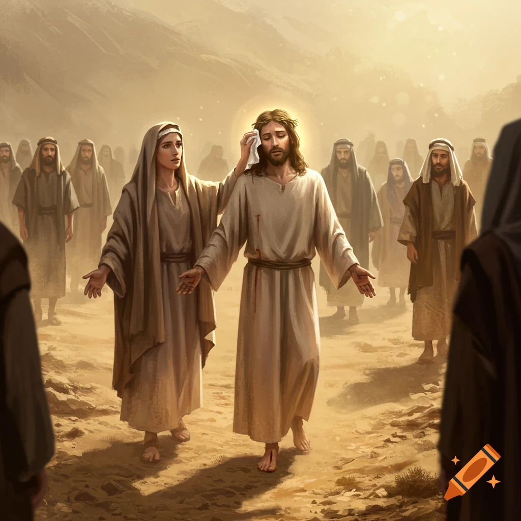 Jesus with a crown of thorns and blood on his robes, comforted by Saint Veronica wiping his face. They are surrounded by a crowd in a dusty, desert landscape.