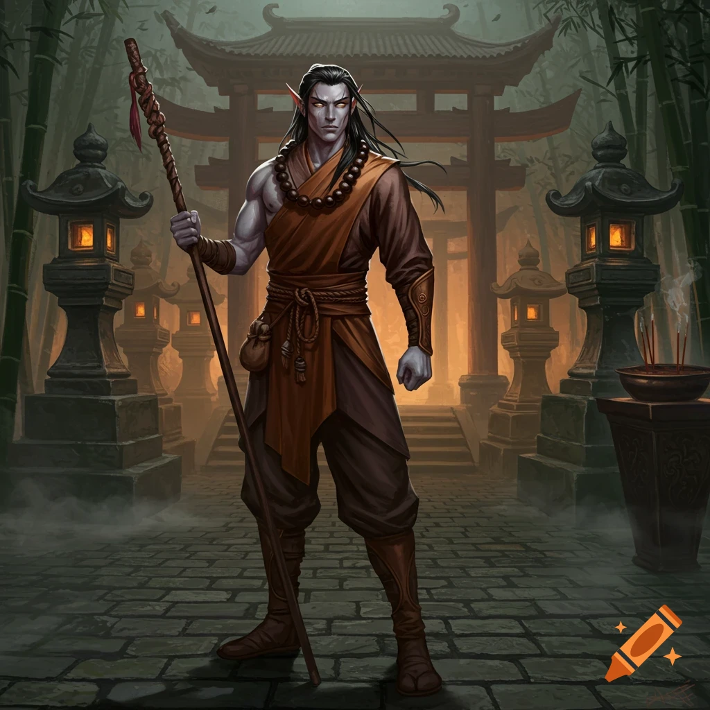 A pale-skinned male elf monk with long black hair, holding a staff, stands on a stone path in front of a temple gate and bamboo trees.