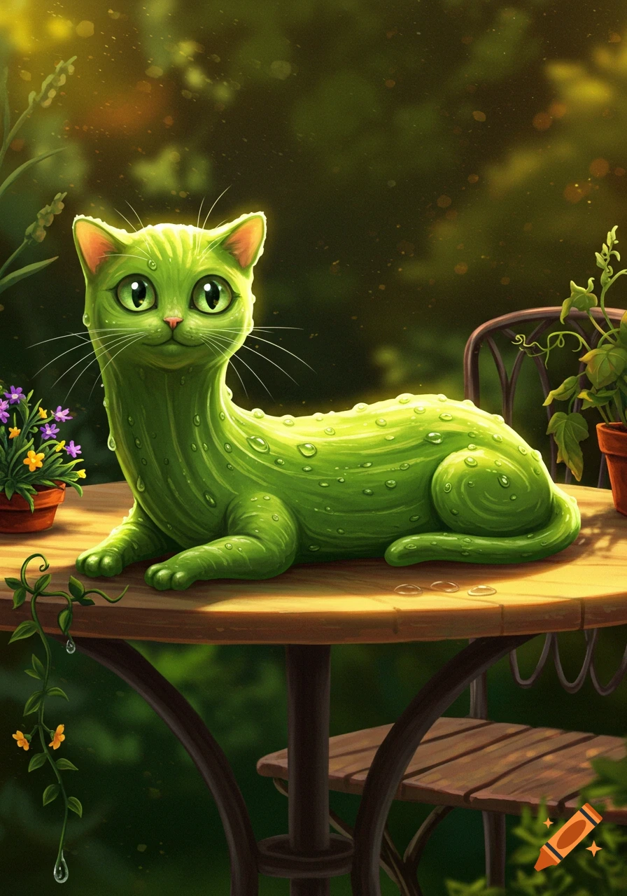 A green, cucumber-like cat with water droplets lies on a wooden table in a sunny garden.