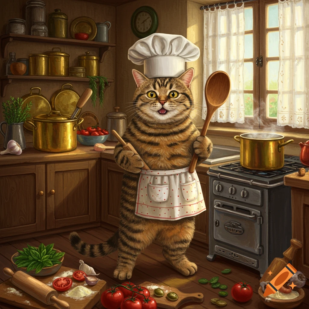 A tabby cat chef wearing a chef's hat and apron, holding a wooden spoon and rolling pin, stands in a rustic kitchen surrounded by cooking ingredients.