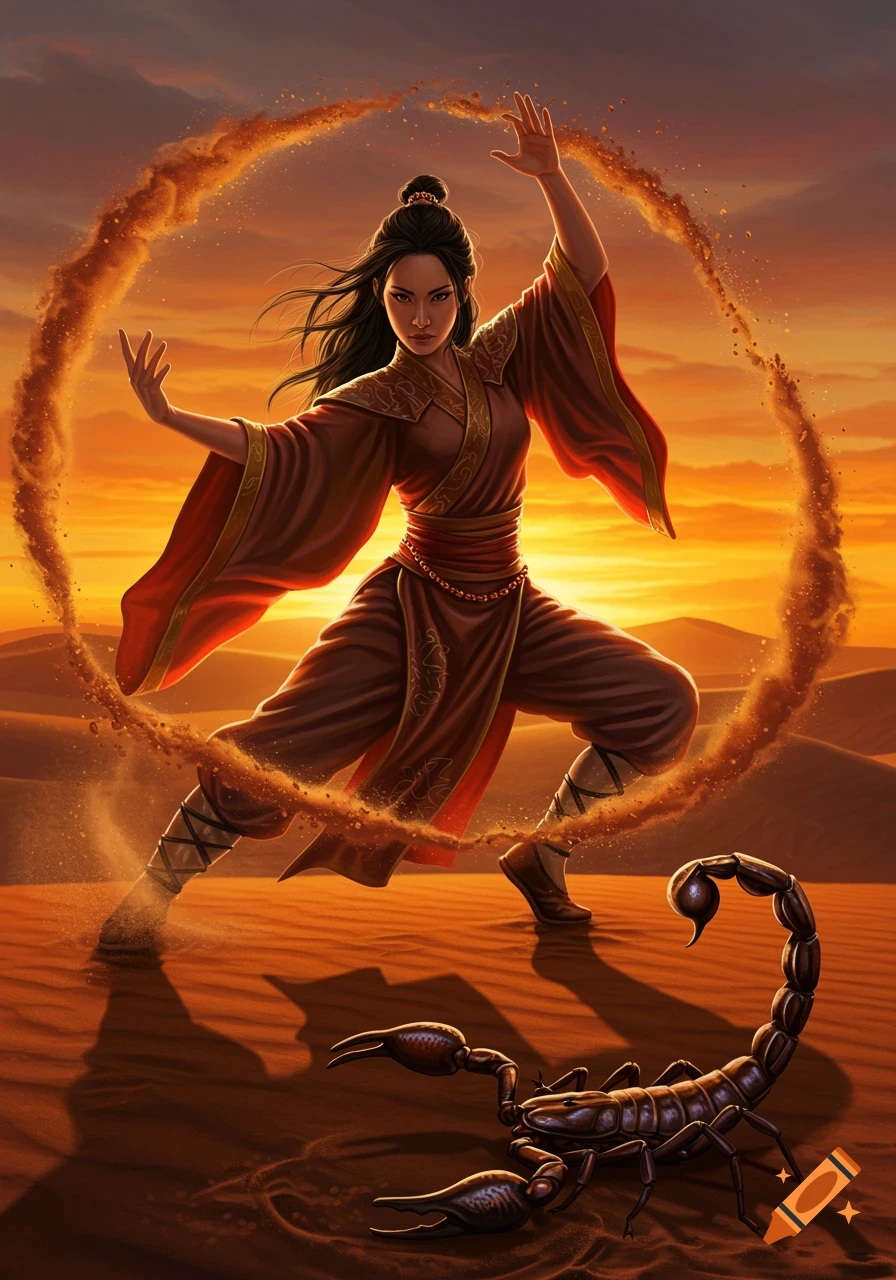 A woman in a red martial arts robe stands in a desert at sunset, creating a ring of sand around her, with a large scorpion nearby.