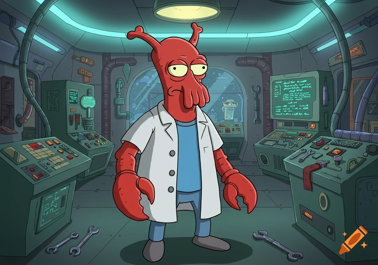 Dr. Zoidberg from Futurama, a red alien in a lab coat, stands in a futuristic control room.