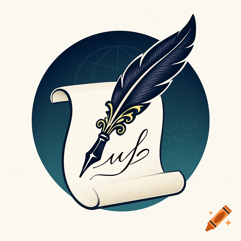 A logo featuring a dark blue quill pen writing a cursive signature on a cream scroll within a dark blue circle.
