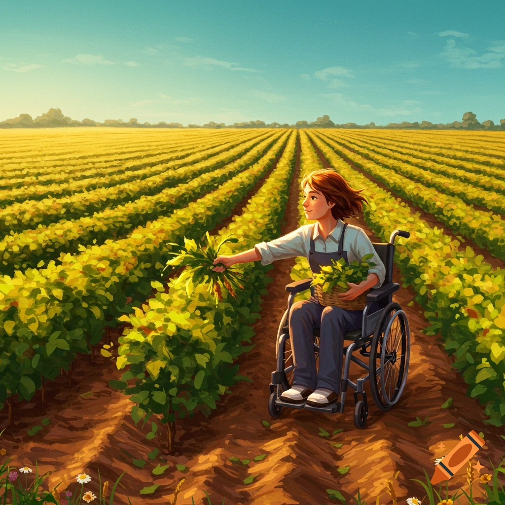 A person in a wheelchair harvests crops in a sunny field, surrounded by rows of green plants.