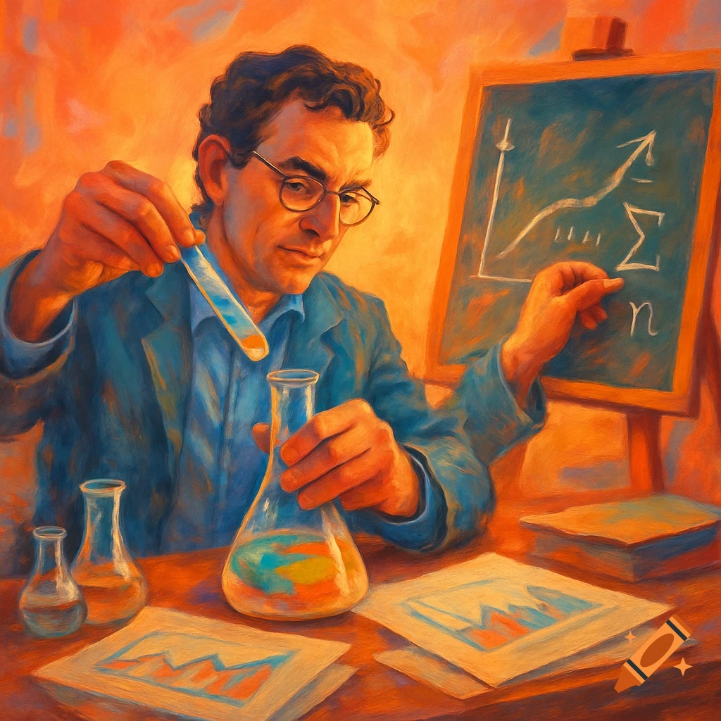 A man in glasses and a blue shirt, in a painterly style, holds a test tube over a beaker while pointing at mathematical symbols on a blackboard in a colorful laboratory setting.