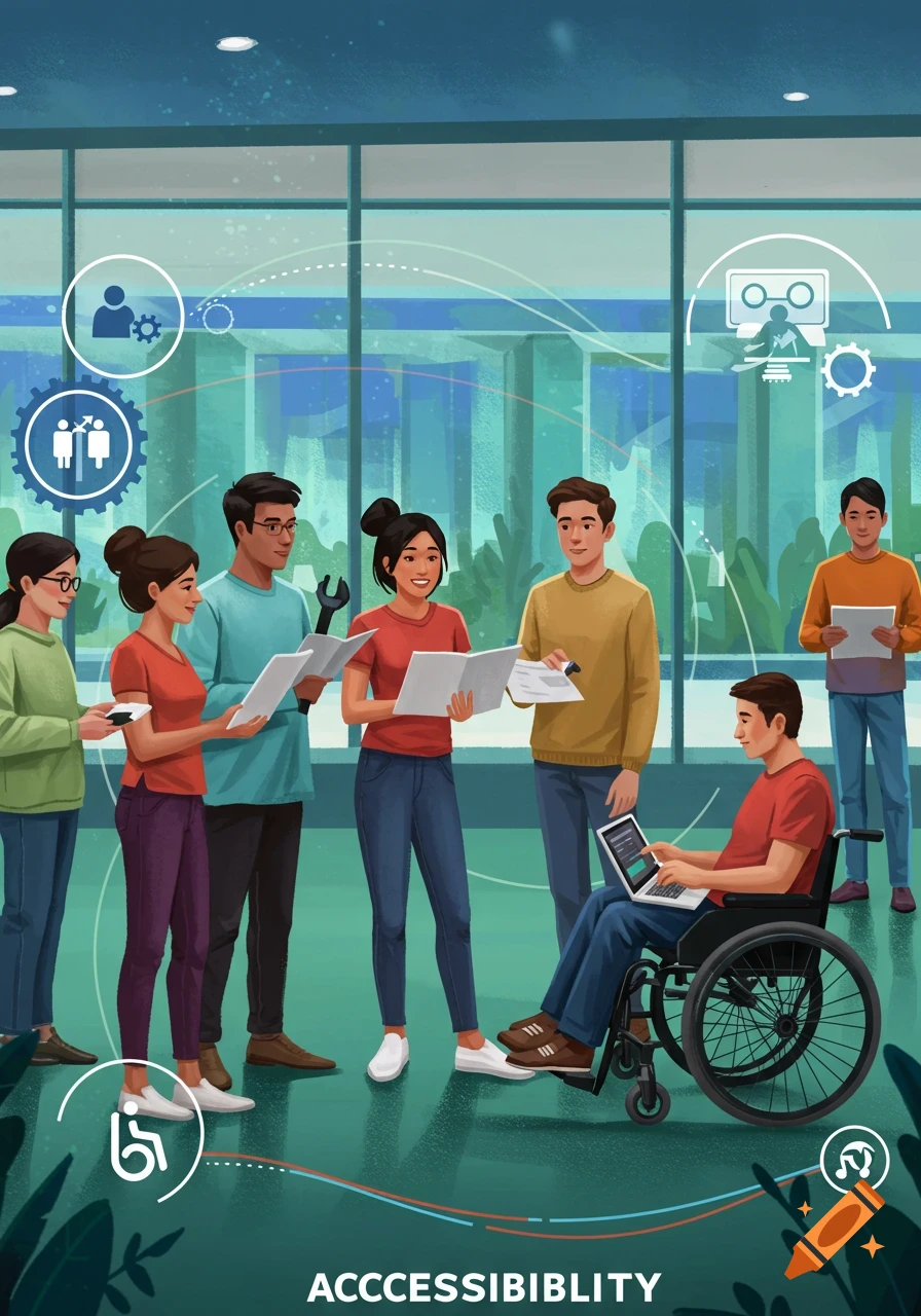 Illustrative image of diverse people, including a man in a wheelchair, collaborating in a modern office with accessibility icons.