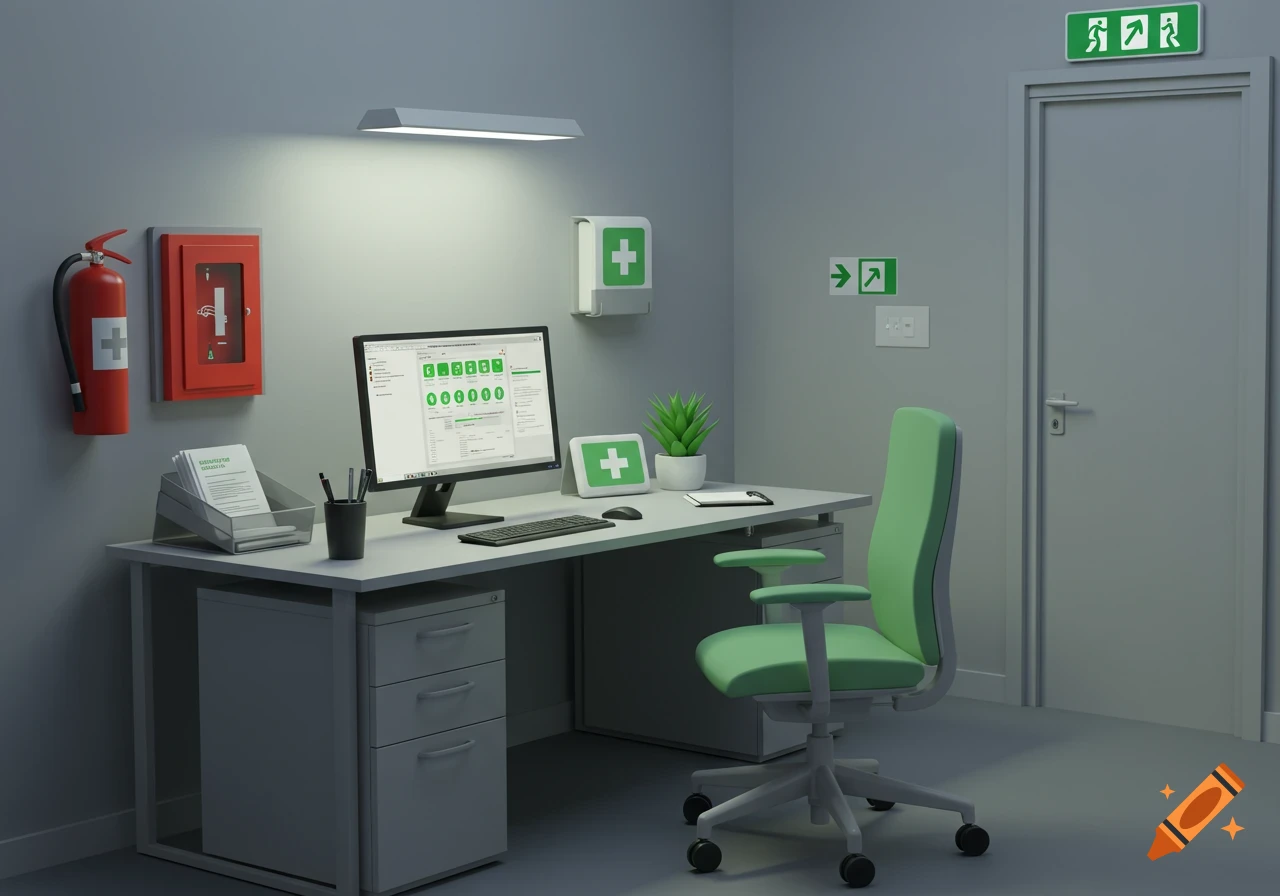 A clean, modern office space with a desk, computer, and a light green office chair, featuring various safety equipment such as a fire extinguisher, fire hose cabinet, and first aid stations, with exit signs on the wall.