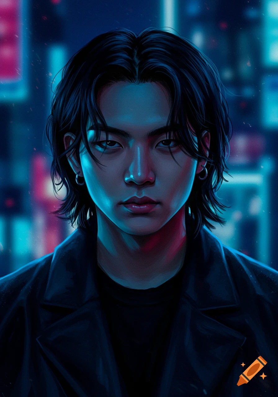 A digital art portrait of a Korean man with black hair and a mean expression, illuminated by neon blue light.