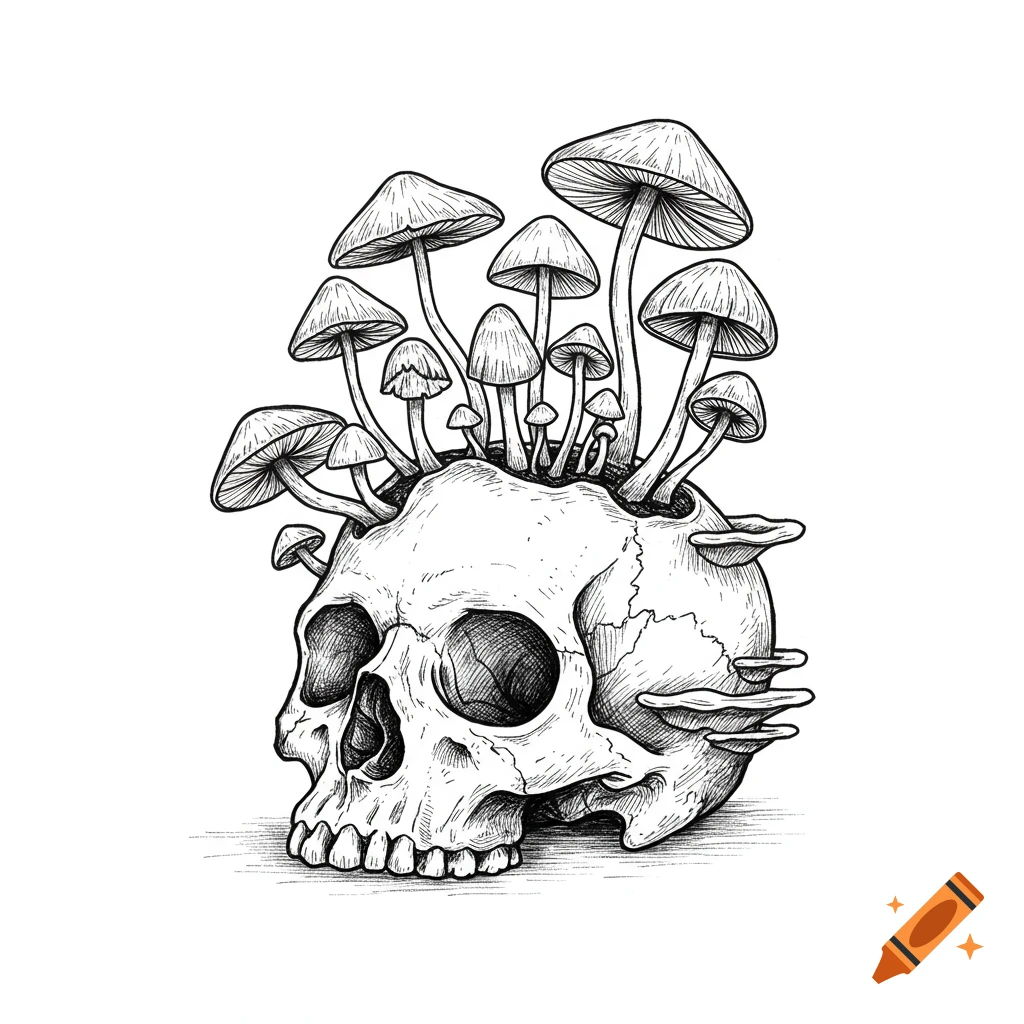 A detailed black and white sketch of a human skull with various mushrooms growing out of its top and side.