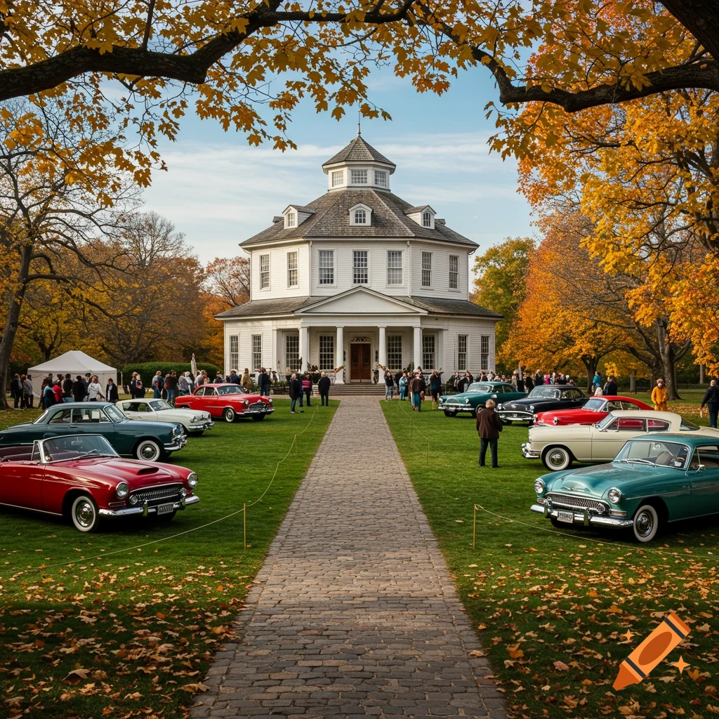 A vibrant autumn classic car show on a grassy lawn in front of a white octagon house.