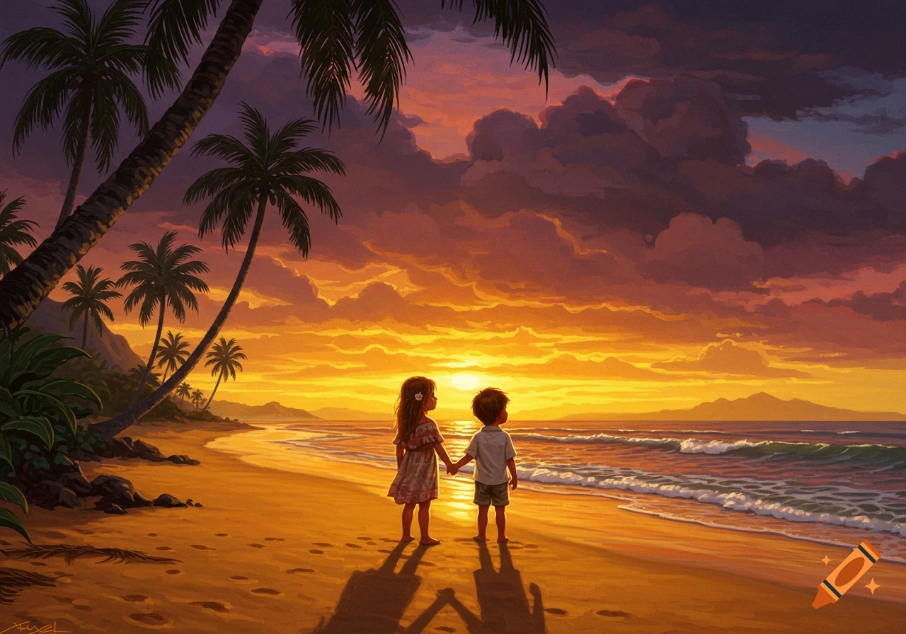 A little boy and girl hold hands on a tropical beach at sunset, with palm trees silhouetted against an orange and purple sky in a painterly style.
