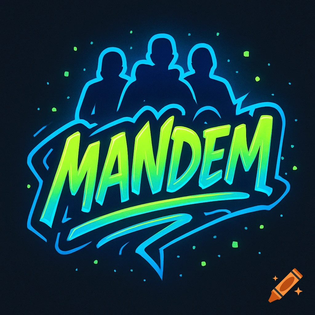 Stylized neon blue and green text 'MANDEM' with three dark silhouettes above, like a Twitch emote.