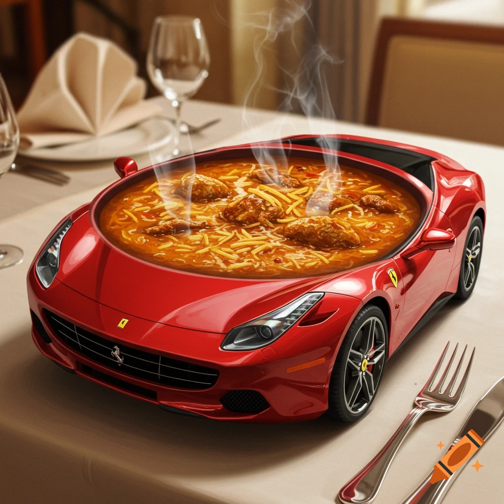 A red Ferrari car on a dining table serves as a bowl filled with steaming noodles and meat soup, in a photorealistic style.