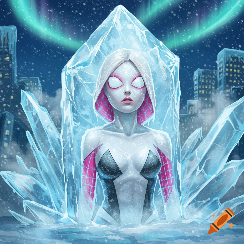 An illustration of Spider-Gwen frozen in a large block of ice, with a snowy city skyline and aurora borealis in the background.