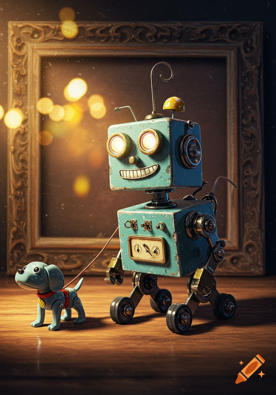 A vintage-style teal robot with glowing eyes walks a small blue dog toy on a leash in front of an ornate wooden frame with bokeh lights.