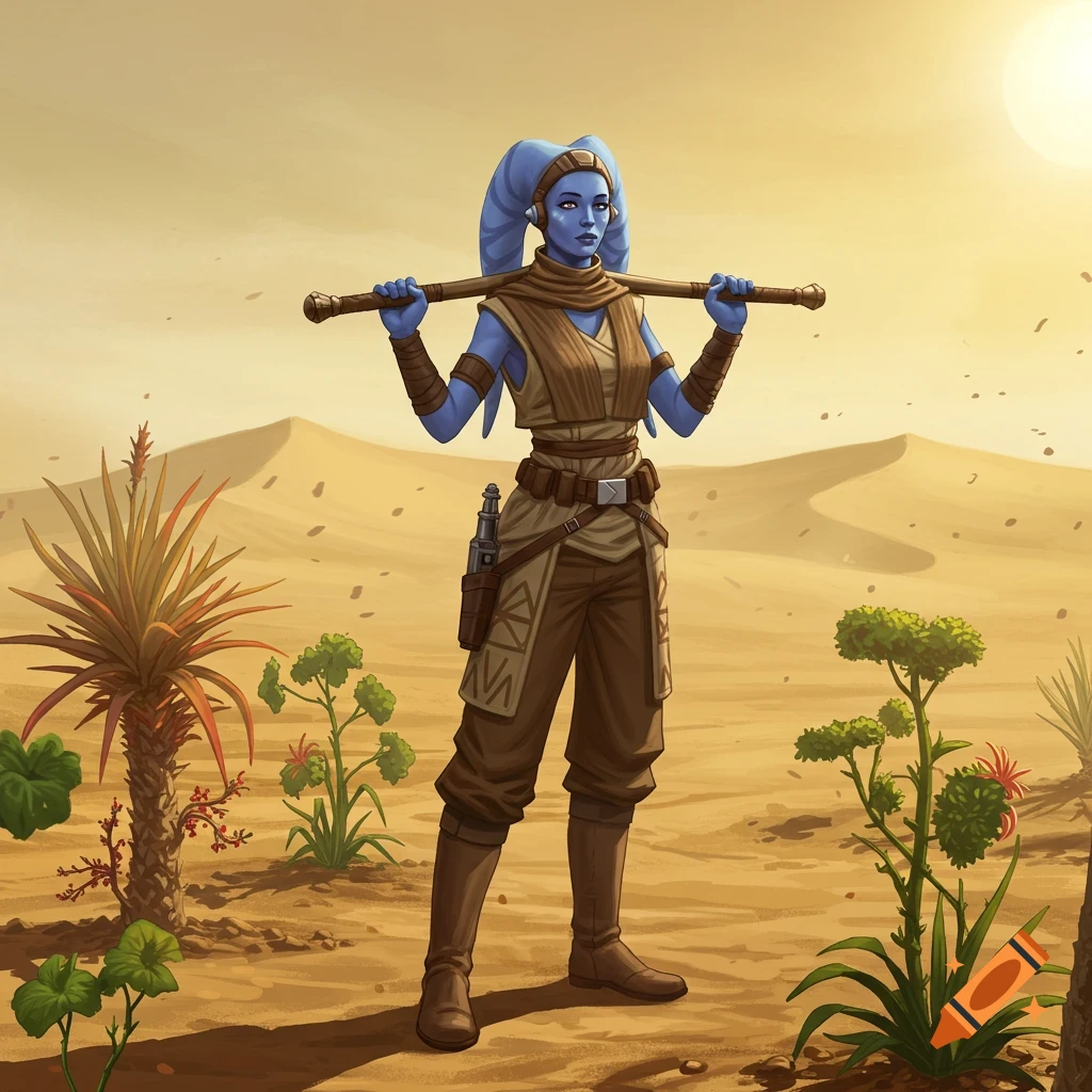 A blue-skinned Twi'lek female in brown desert attire holds a staff, standing in a sunny, sandy desert with dunes and sparse plants.