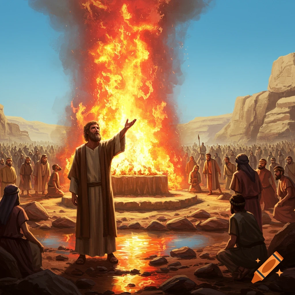 Prophet Elijah stands before a blazing altar, calling down fire, as a large crowd looks on in a desert landscape.