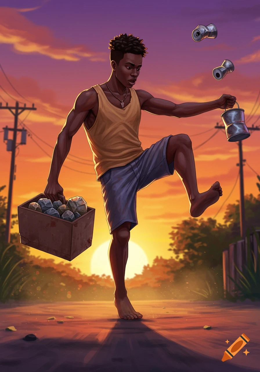 A young Black man walks barefoot at sunset, carrying a box of rocks and a bucket, with metal cans floating near his raised foot. Digital art.