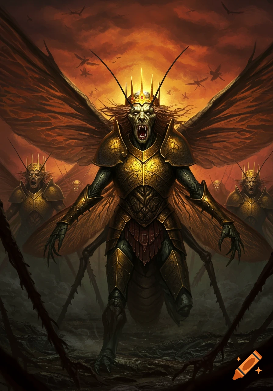 A monstrous insectoid king in golden armor and crown leads an army of winged creatures under a fiery orange sky.