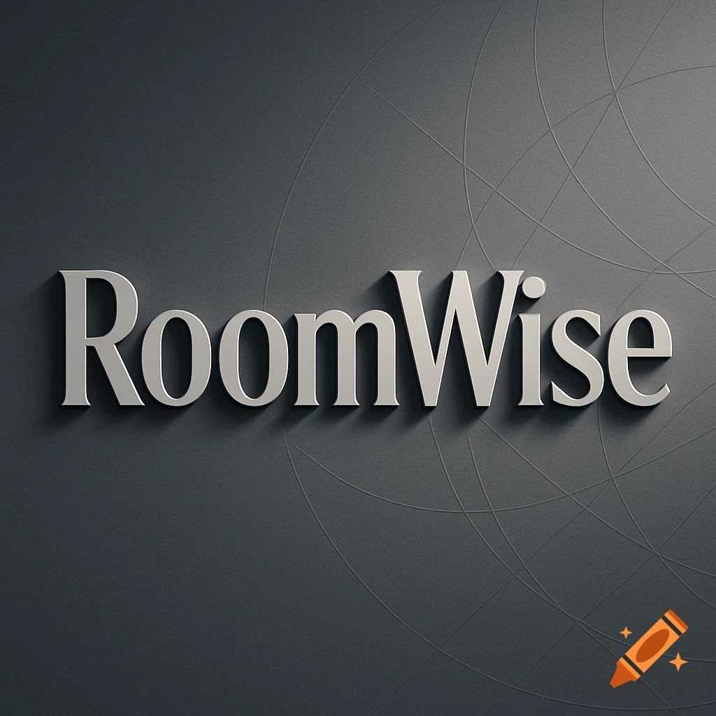 Silver 3D text spelling 'RoomWise' on a dark gray textured background.