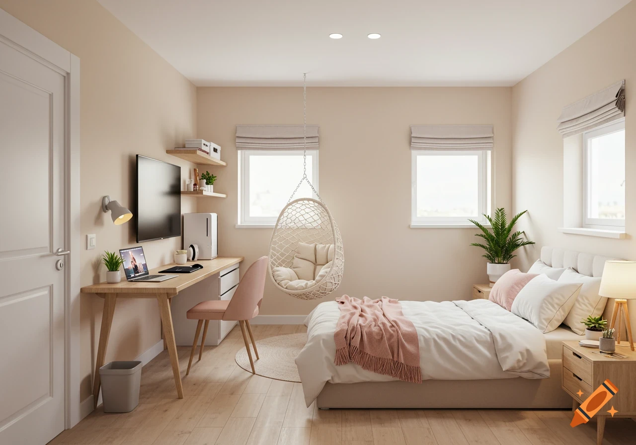A cozy, minimalist bedroom with a full-size bed, wooden desk with laptop, and a hanging hammock chair. Features warm neutrals and soft blush accents in a photorealistic style.