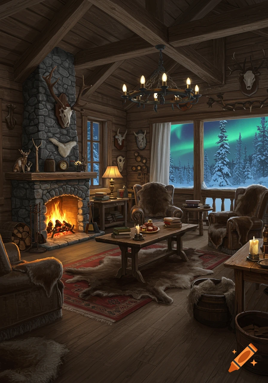 Cozy wooden cabin living room with a roaring stone fireplace, fur rugs, and a snowy forest view under the Northern Lights.