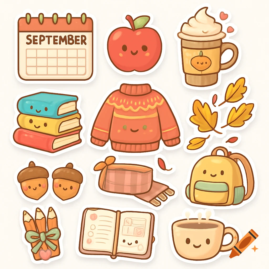 A collection of cute cartoon September-themed stickers including a calendar, apple, latte, books, sweater, leaves, and a backpack.